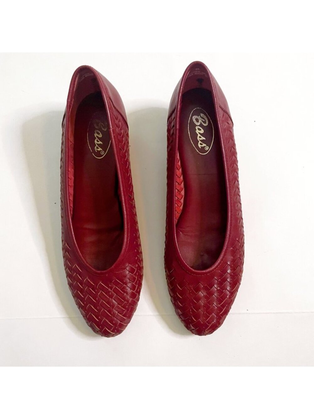 Vintage 1980s Bass Burgundy Basketweave Leather Ballet Flats, Size 7.5